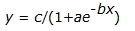 y equals c divided by the quantity of one plus a times e to the negative b x power 