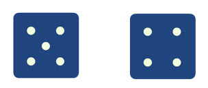 two number cubes showing 5 pips and 4 pips, respectively