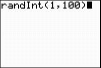 This graphing calculator screen shot is of the home screen with the command rand int one comma one hundred. This command means for the calculator to generate random integers from one to one hundred.