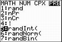 This graphing calculator screen shot shows the Probability menu under the Math key function. Selection 5, rand int, is selected. Rand int is the selection for random integer