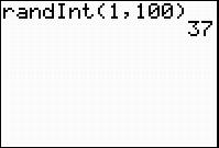 This graphing calculator screen shot is of the home screen where the command rand int one comma one hundred has been activated. The random number thirty seven has been generated by the calculator.