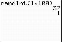 This graphing calculator screen shot is of the home screen where the command rand int one comma one hundred has been activated again. The random number one has been generated by the calculator.