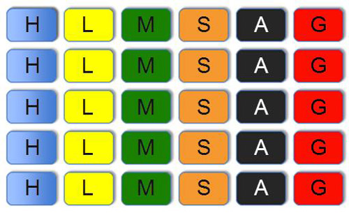 Thirty cards are displayed to represent the thirty questions.  Five cards are displayed for each category. A single letter on each card represents the corresponding categories: H for history; L for literature; M for mathematics; S for science; A for art, and G for geography.