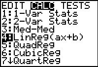 This image displays a calculator screen under the Stat Calc command on the calculator. The screen shows Option 1: One variable statistics, Option 2: two variables statistics, Option 3:  the median-median line, Option 4: linear regression of a x plus b, Option 5: quadratic regression, Option 6: cubic regression, and Option 7:  quartic regression.