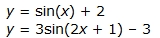 y equals sine of x plus two and y equals three times the sine of the quantity two x plus one end quantity minus 3.