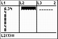 A screenshot from the graphing calculator. The screen displays L one with the data entered: 6.34, 4, 8, 8, 8, 4, 8. Lists L two and L three are empty.