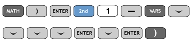 Icons representing the key strokes needed to enter the command for finding the absolute value of the difference between each data value and the mean are shown. The keys are MATH, right arrow, ENTER, second, one, minus, vars, down arrow four times, ENTER, down arrow, ENTER, right parenthesis