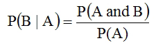 The probability of B given A is equal to the probability of A and B divided by the probability of A.