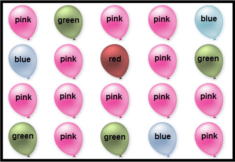 This is a picture of the balloon game. There are five columns of balloons, and four rows of balloons. There are twelve pink balloons, four green balloons, three blue balloons, and one red balloon.