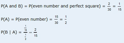 The probability of A and B is equal to the probability of getting an even number and a perfect square, which equals two-thirtieths which equals one fifteenth. The probability of A equals the probability of getting an even number which equals fifteen thirtieths which equals one-half. The probability of B given A equals one-fifteenth divided by one-half, which equals two-fifteenths. 